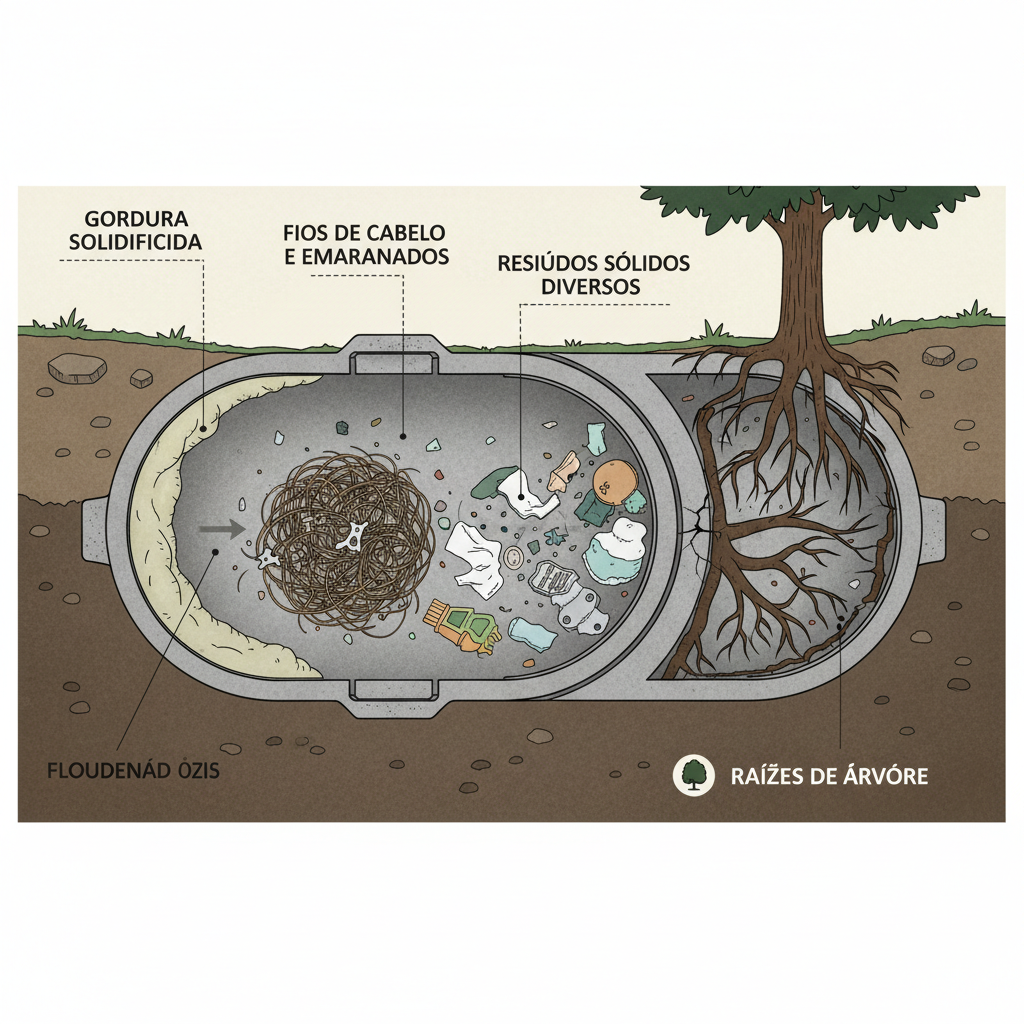 Representação esquemática de uma tubulação de esgoto com diferentes tipos de obstruções visíveis: gordura solidificada, cabelos, resíduos de alimentos e um objeto estranho (ex: cotonete). A imagem deve ter um corte transversal para mostrar o interior do cano e a redução do fluxo de água. Estilo técnico e claro.